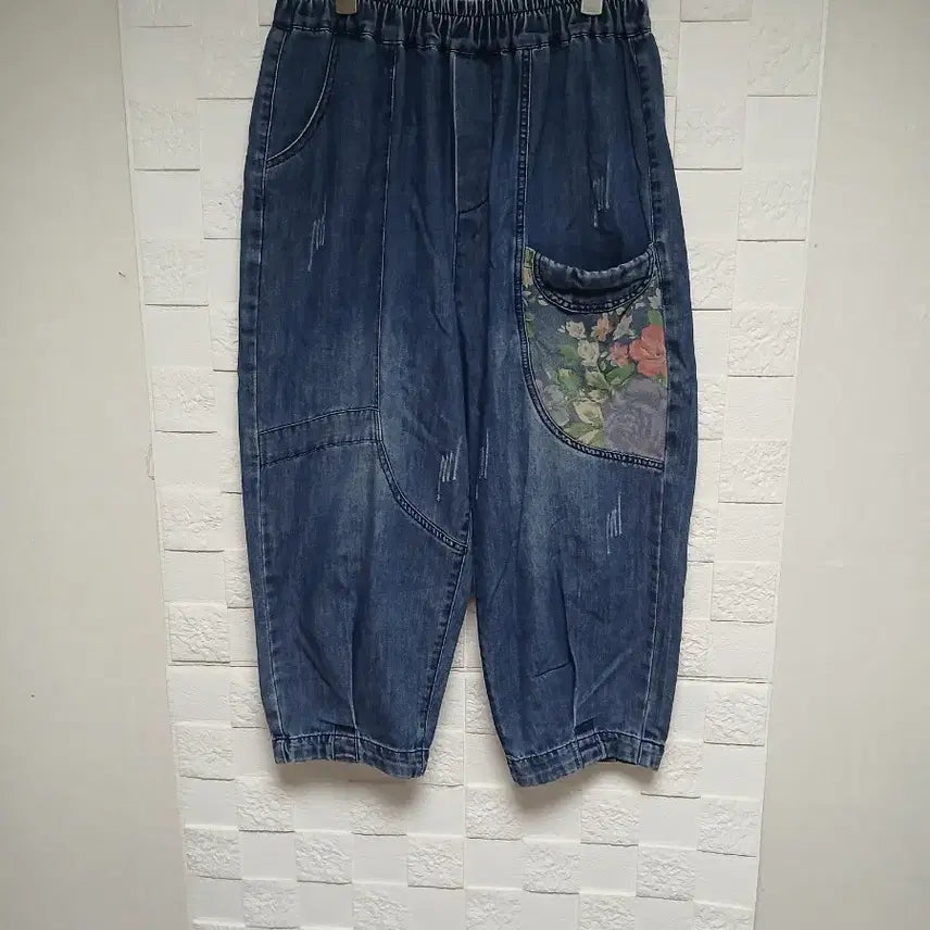 [BUNJANG] Denim Floral Pocket 7-Length Pants XL / 데님 플로럴 주머니 7부 바지, XL