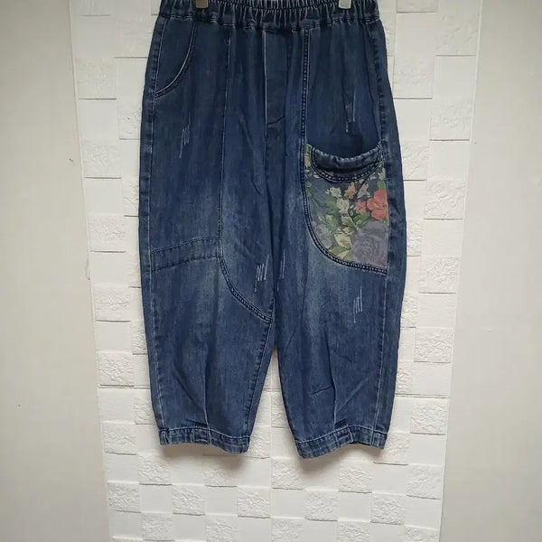 [BUNJANG] Denim Floral Pocket 7-Length Pants XL / 데님 플로럴 주머니 7부 바지, XL