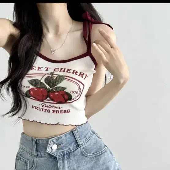 [BUNJANG] Cherry Printing Crop Bateau Neck Tank Top / 체리프린팅 크롭나시