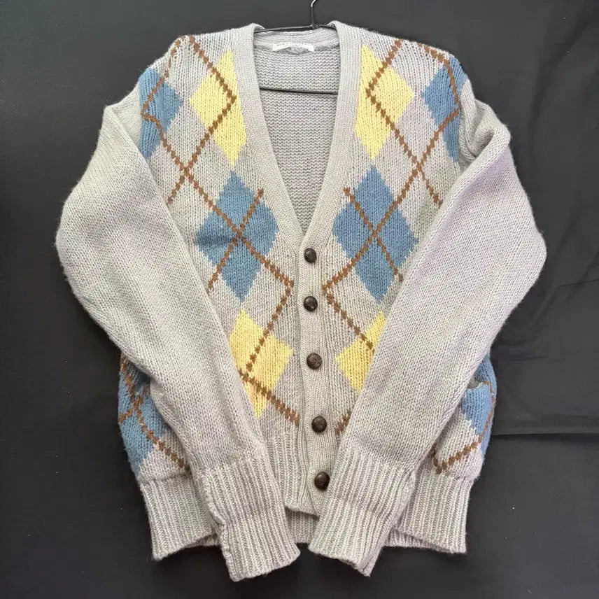 [BUNJANG] Japanese Vintage Argyle Knit Cardigan - Grey Lemon / 일본 빈티지 아가일 니트 가디건 그레이 레몬 유럽