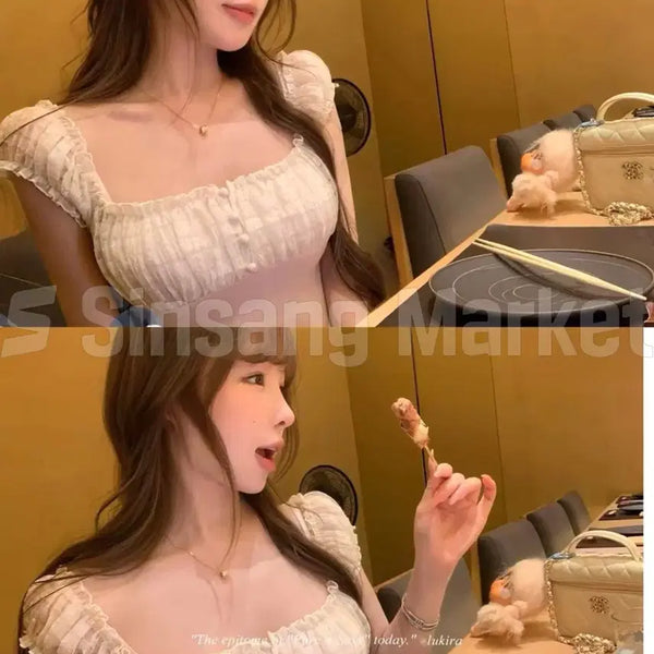 [BUNJANG] Lace Puff Sleeve Knit Blouse Top / [빠른발송] 여리 레이스 퍼프 니트 블라우스 티