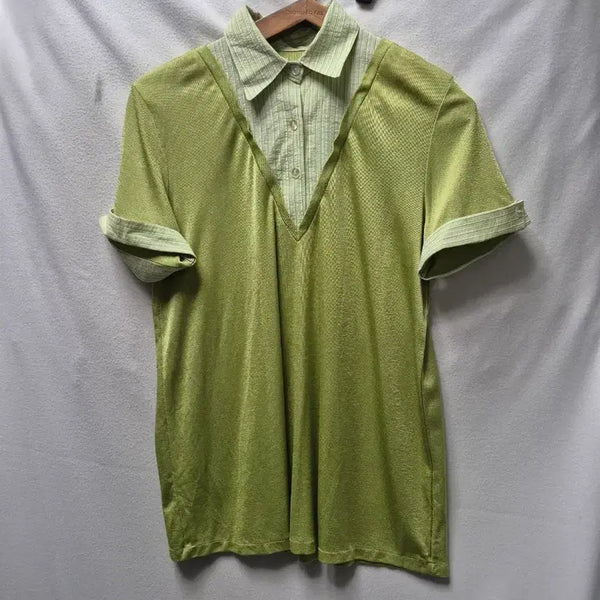[BUNJANG] Green Plaid Collar Layered Short Sleeve Top / 체크 셔츠 카라 레이어드 반팔 상의 연두색90