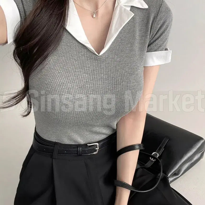 [BUNJANG] Roa Collar Knit Blouse / [빠른발송] 거래처사진 반팔 로아 카라 니트 블라우스