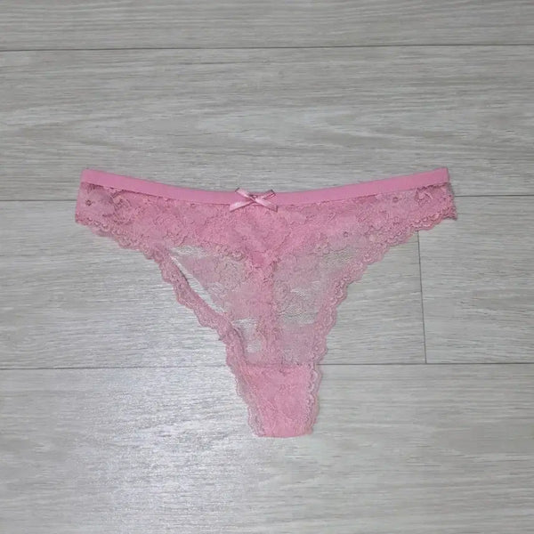 [BUNJANG] Pink Lace Thong Panties & Beige Bra Set (Used) / 핑크 레이스 끈 팬티 + 베이지 브라 (중고)