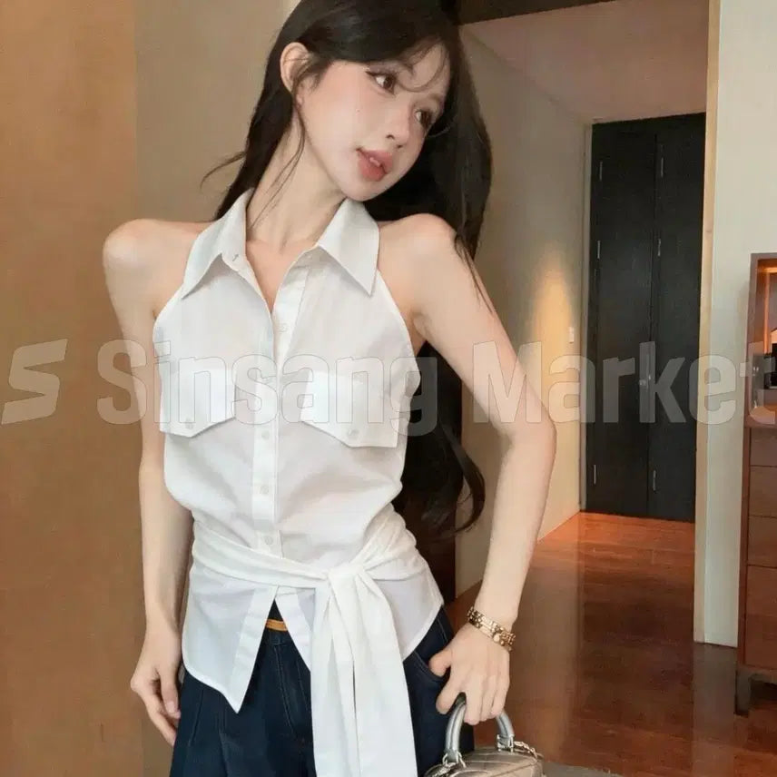 [BUNJANG] Abin Kara Knot Sleeveless Blouse / [빠른발송] 아빈 카라 매듭 셔츠 민소매 블라우스
