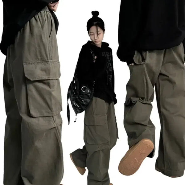 [BUNJANG] Avely Cotton Keyring Cargo Pocket Shirring Wide Pants (Khaki) / 에이블리 코튼 키링 카고 포켓 셔링 와이드 팬츠 (카키)