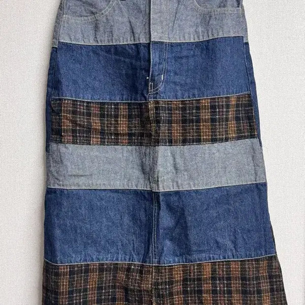 [BUNJANG] Vintage Patchwork Denim & Plaid Long Skirt / 빈티지 스커트