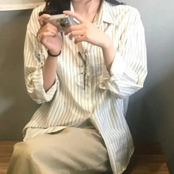 [BUNJANG] Ablley Vintage Basic Stripe Shirt - Ivory / 에이블리 빈티지 베이직 스트라이프 셔츠 아이보리