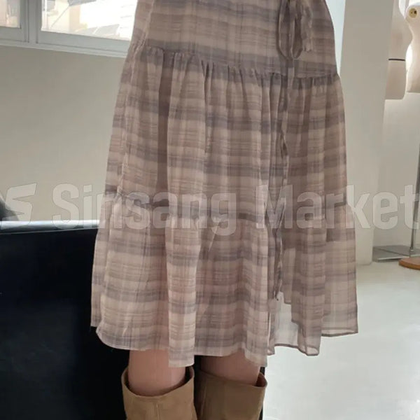 [BUNJANG]  Mori Girl Side Zip Check Chiffon Ribbon Shirring Pleated Skirt / [빠른발송] 수피스커트 모리걸 옆지퍼 체크 쉬폰 리본 셔링 플리츠 주름