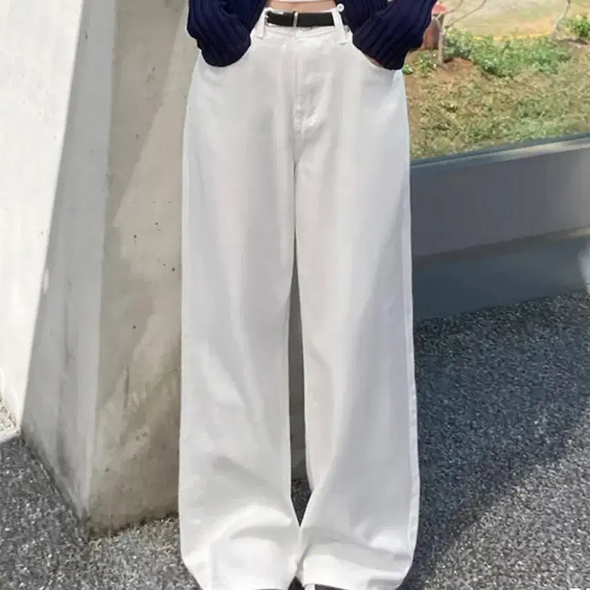[BUNJANG] Nuts High Waist Color Cotton Semi Wide Long Pants (White, Size S) / (새 상품) 에이블리 넛츠 하이웨스트 컬러 코튼 세미 와이드 롱 팬츠 흰색바지 여름바지