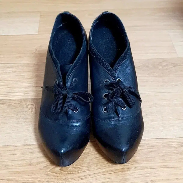 [BUNJANG] Black Lace-up Platform Heels (225) / 블랙 레이스업 가보시 힐 225