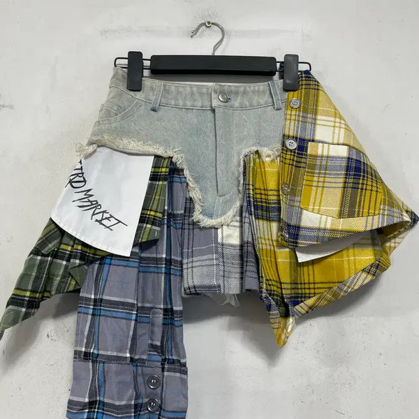 [BUNJANG] Weird Market Plaid Patch Denim Mini Skirt / 특가새)Weird Market 웨어드 마켓 플레이드 패치 데님 스코트.청.미니스커트