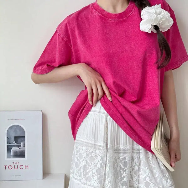 [BUNJANG] Pigment Washed Cotton T-Shirt (Hot Pink) / 피그먼트 워싱 코튼 반팔 티셔츠(핫핑크)