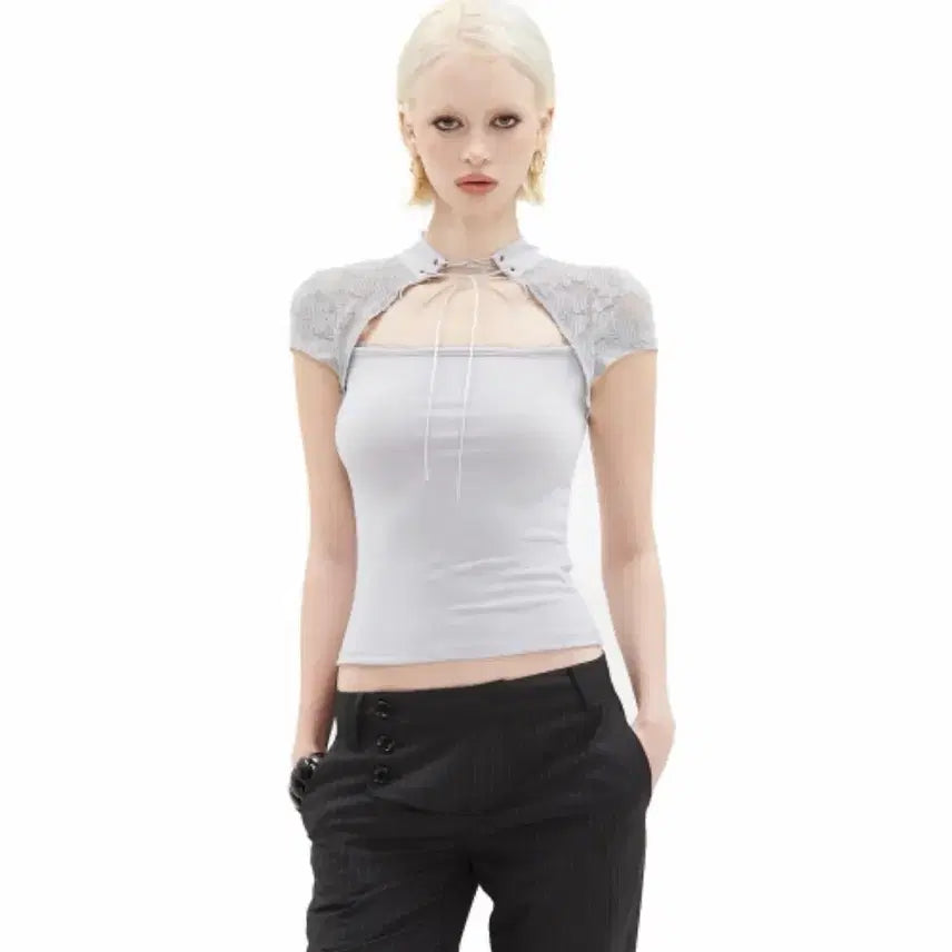 [BUNJANG] Hilda Tineck Lace Slim Tee Gray / 힐다 타이넥 레이스 슬림 티 그레이