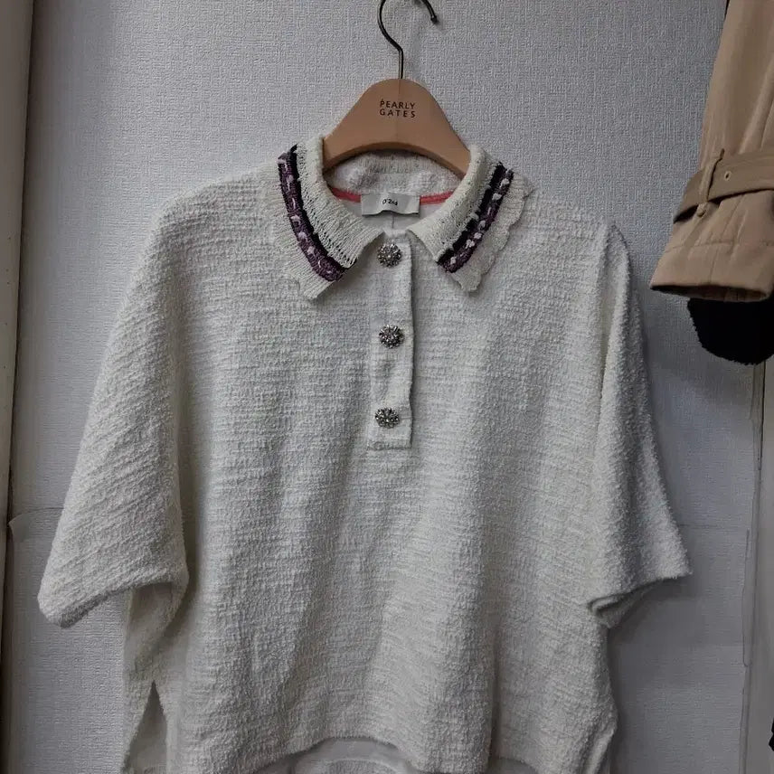 [BUNJANG] Ozscecon White Color Block Short Sleeve Knit 55 / 오즈세컨 화이트 배색 카라 반팔 니트 55