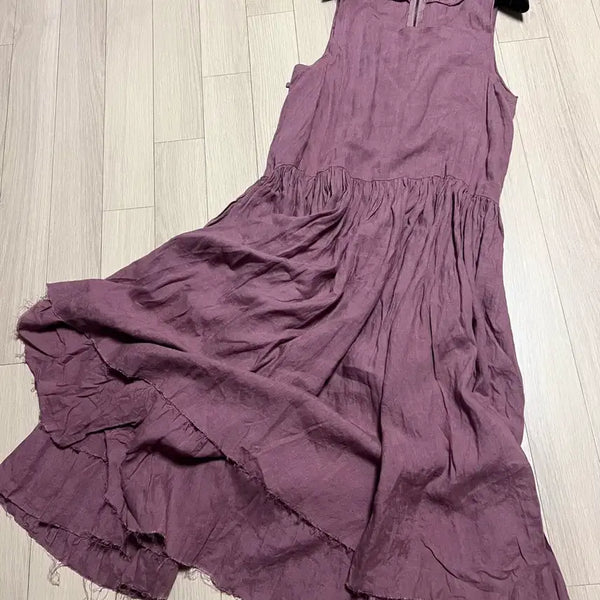 [BUNJANG] NELL 100% Linen Vintage Distressed Sleeveless Maxi Dress / 제평 넬 NELL 최고급 린넨100% 빈티지 헤짐 나시 롱원피스 민소매 셔링 플레어 퍼플핑크 팥죽색 여름