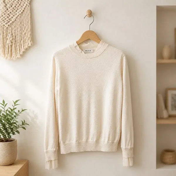[BUNJANG] MINE (Hansem) Pearl Button Round Neck Knit Sweater - Ivory, Size F / 한섬 MINE 마인 백버튼 라운드넥 니트 F사이즈