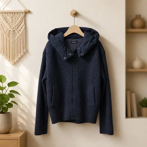 [BUNJANG] System 2023 Hooded Padded Layered Wool Alpaca Knit Zip-Up (F) / 한섬 시스템 2023 후드 패딩 레이어드 울 알파카 니트 집업 F사이즈