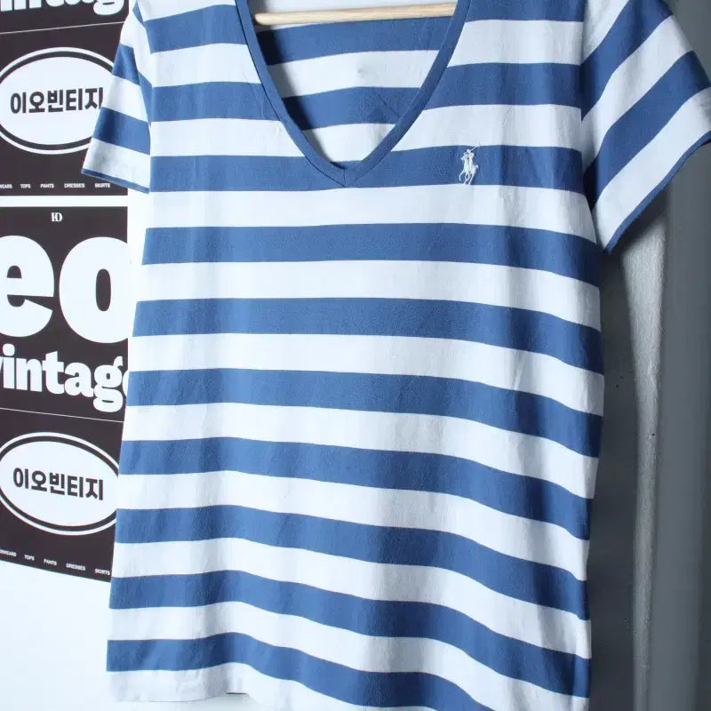 [BUNJANG] Polo Ralph Lauren Men's Striped V-Neck T-Shirt Blue / W(M) 폴로 랄프로렌 반팔 티셔츠 브이넥 스트라이프 블루-H36372