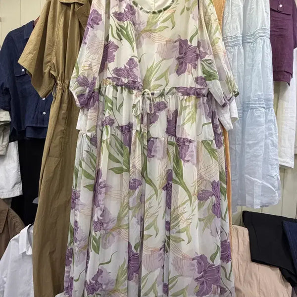 [BUNJANG] Purple Flower Shirring Long Dress / [새상품] 퍼플 플라워 셔링 롱원피스