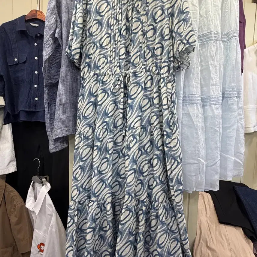 [BUNJANG] Frilled Neck Blue Geometric Tiered Long Dress / [새상품] 프릴넥 블루 기하학 캉캉 롱원피스