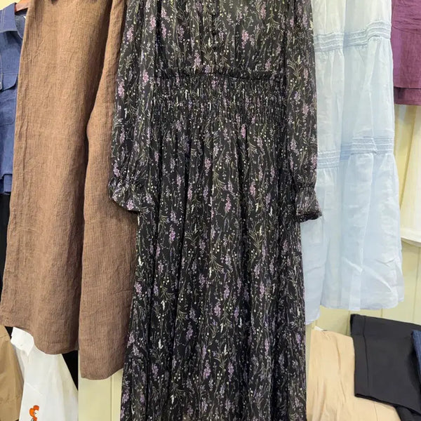 [BUNJANG] Purple Floral Print V-Neck Smocked Waist Long Dress / [새상품] 퍼플 잔꽃 스모크 밴딩 롱원피스