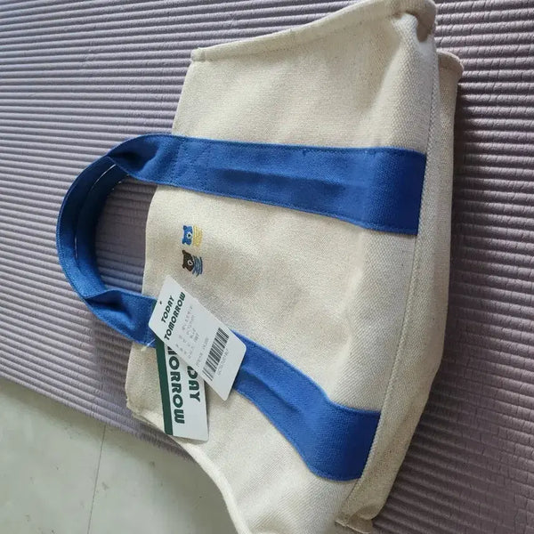 [BUNJANG] Today Tomorrow Bear Embroidery Canvas Tote Bag Blue / 투데이 투모로토트백 블루 베어 자수 캔버스 백