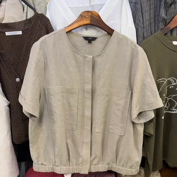 [BUNJANG] Natural Linen Round Neck Short Sleeve Jacket with Banded Hem / [새상품] 내츄럴 린넨 라운드넥 밑단 밴딩 반팔 자켓