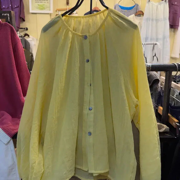 [BUNJANG] Pastel Yellow Shirred Neck Linen Blend Blouse / [새상품] 파스텔 옐로우 넥셔링 린넨 블라우스