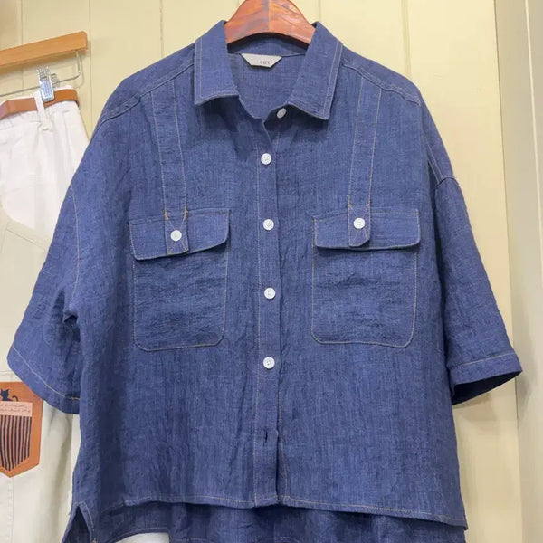 [BUNJANG] Natural Linen Stitch Pocket Short Sleeve Shirt / [새상품] 내츄럴 린넨 스티치 포켓 반팔 셔츠