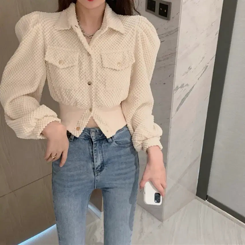 [BUNJANG] Imported Clothing Suede Puff Cropped Jacket / 수입의류 허얇골넓 스웨이드 퍼프 크롭 자켓 교신가능