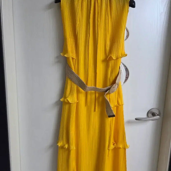 [BUNJANG] Pleated Yellow Belted Long Dress / 플리츠 옐로우 원피스 벨트 포함