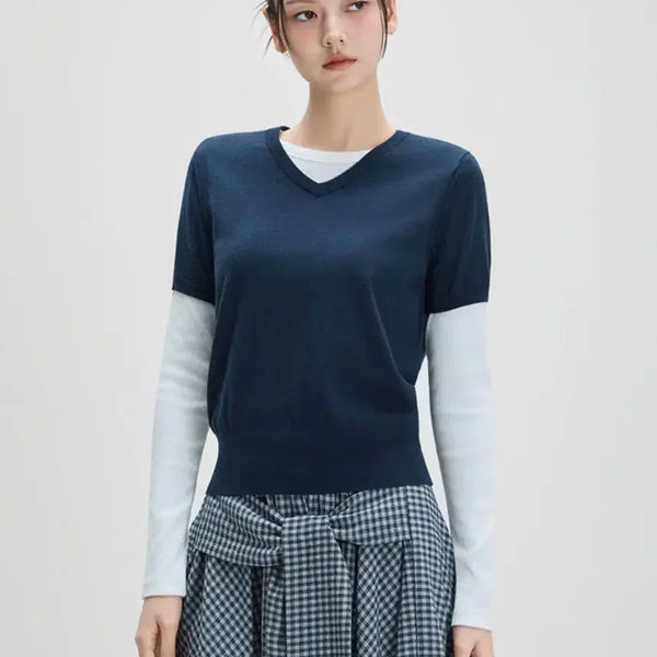 [BUNJANG] Mixxo V-Neck Short Sleeve Knit Navy / 미쏘 브이넥 반팔 니트 네이비