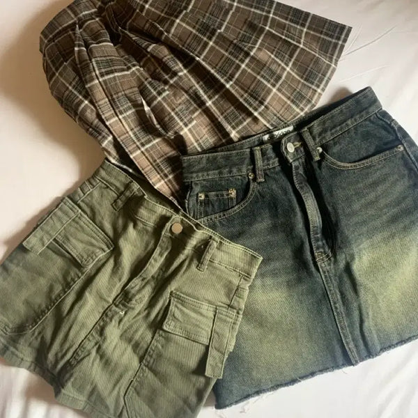 [BUNJANG] Set of 3 New S-Size Skirts: Denim, Cargo, Pleated / 새상품 미니스커트 일괄3개 스커트세트 치마세트 S 밴딩 데님 플리츠 체크 카고