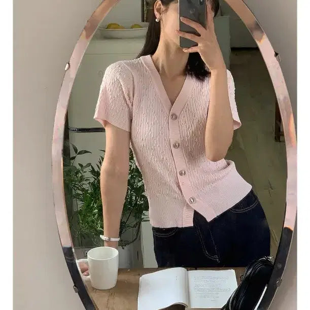 [BUNJANG] Rirancoe Pink Short Sleeve Knit Cardigan / 리리앤코 핑크 반팔 니트 가디건