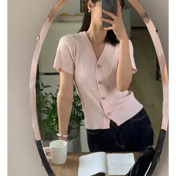 [BUNJANG] Rirancoe Pink Short Sleeve Knit Cardigan / 리리앤코 핑크 반팔 니트 가디건