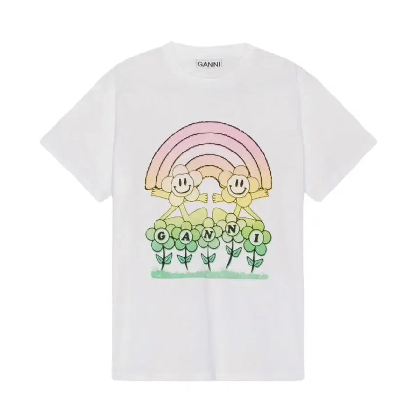 [BUNJANG] GANNI Short Sleeve T-Shirt White M Flower Rainbow Graphic / [1회 착용] 가니 GANNI 반팔 티셔츠 화이트 M 플라워 레인보우 그래픽