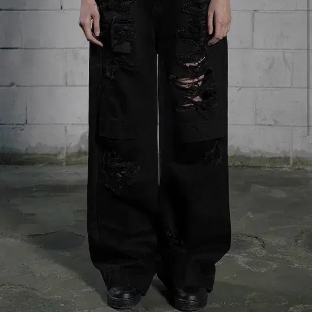 [BUNJANG] Bohemse Knee Open Ripped Wide Jeans / 보헴서 knee open ripped wide jeans