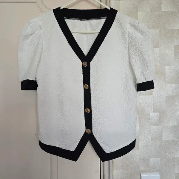 [BUNJANG] White Black Colorblock Collar Short Sleeve Blouse / 화이트 블랙 배색 카라 반팔 블라우스
