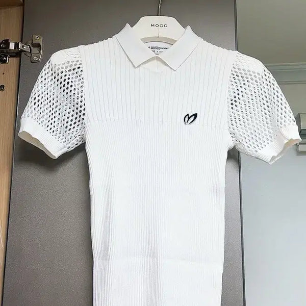 [BUNJANG] Master Bunny Edition White Mesh Short Sleeve Knit Top / 미스터바니 반팔 니트티