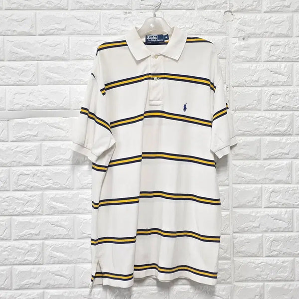 [BUNJANG] Polo Ralph Lauren White Stripe Short Sleeve Polo Shirt / M-L 폴로랄프로렌 화이트 스트라이프 반팔 카라티 E494