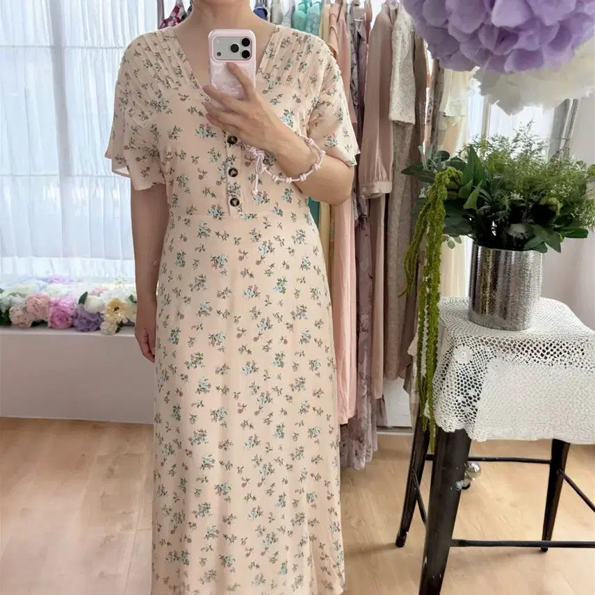 [BUNJANG] Vintage Apricot Floral Maxi Dress / 빈티지 살구 꽃무늬 맥시 원피스
