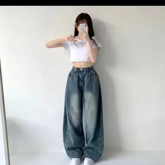 [BUNJANG] Pintuck High-Waist Wide Leg Denim Pants / 핀턱 하이웨스트 와이드 데님팬츠