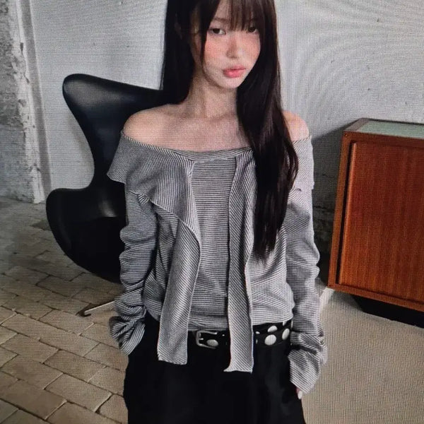 [BUNJANG] Striped Off-Shoulder Long Sleeve Top (2 Colors) / (해외배송)스트라이프 오프숄더 긴팔 2컬러