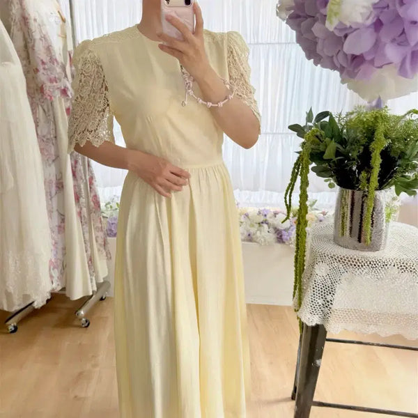 [BUNJANG] Leslie Fay Butter Yellow Lace Sleeve Vintage Dress / 미국 빈티지 버터 옐로우 레이스 원피스