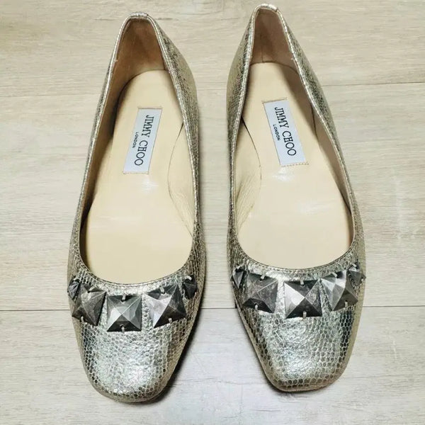 [BUNJANG] Jimmy Choo Gold Studded Snakeskin Pattern Flat Shoes / 지미추 골드 스터드 플랫슈즈 36~36,5 (230~235)
