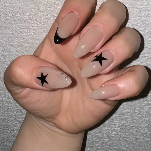 [BUNJANG] Handmade Nude French Black Star Nail Tips / 누드 프렌치 블랙 별 수제 네일팁