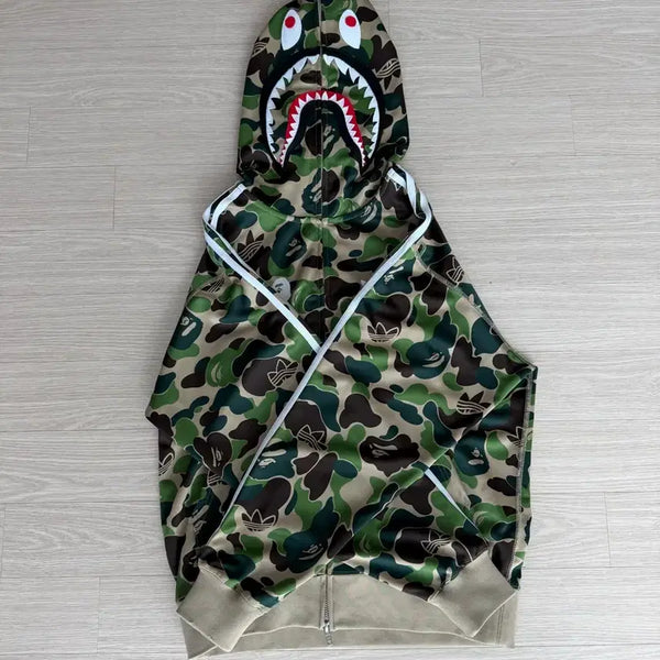 [BUNJANG] Adidas x BAPE Shark Track Hoodie Jacket Crew - Green, Size XS / 아디다스x베이프 샤크 트랙 후드