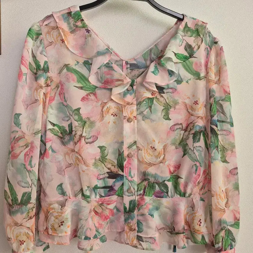 [BUNJANG] Satin Flower Chiffon Blouse and Skirt Set / 새상품 샤틴 플라워 블라우스,스커트 셋업66