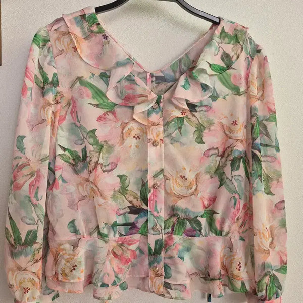 [BUNJANG] Satin Flower Chiffon Blouse and Skirt Set / 새상품 샤틴 플라워 블라우스,스커트 셋업66